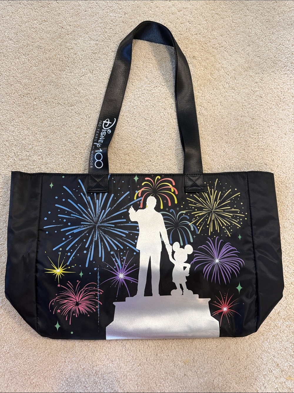 Disney Black Tote with Silver Silhouette & Multicolor Fireworks